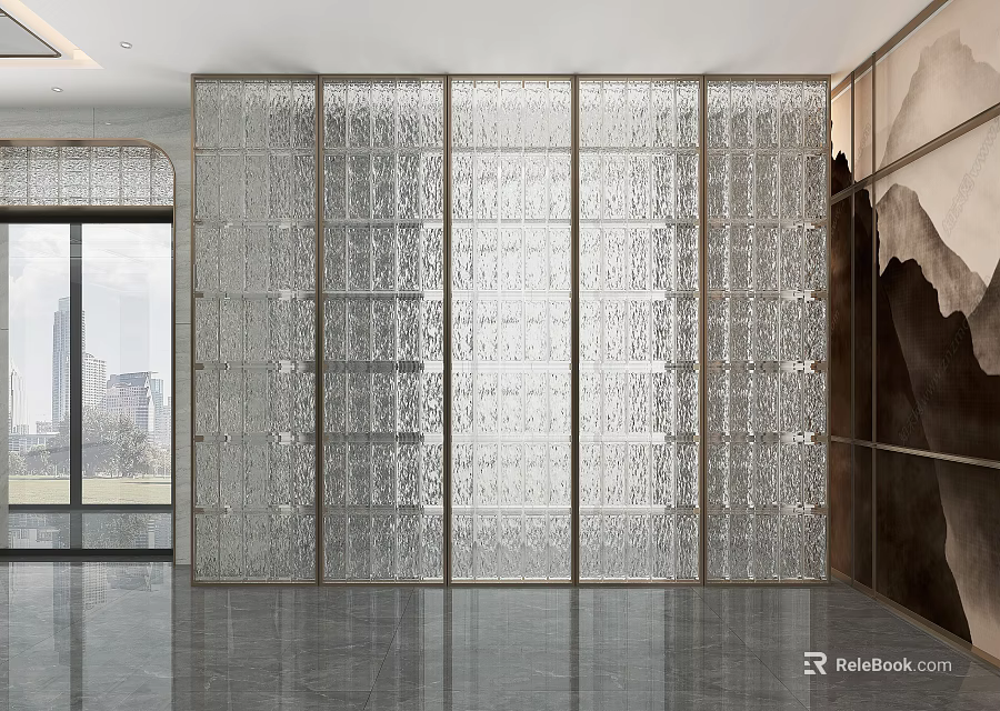 Modern Glass Partition With Textured Design And Metal Frame In Contemporary Interior 3d model 