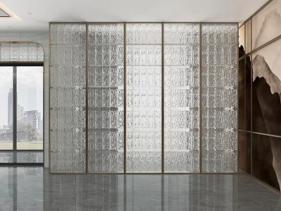 Modern Glass Partition With Textured Design And Metal Frame In Contemporary Interior 3d model