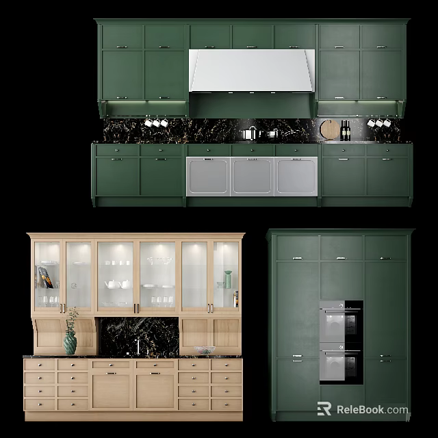 Modern Green Kitchen Cabinets With Glass Doors And Wooden Accents Design 3d model 