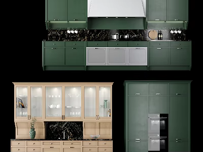 Modern Green Kitchen Cabinets With Glass Doors And Wooden Accents Design 3d model