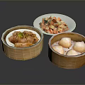 Traditional Chinese Food in Bamboo Steamers with Dumplings Braised Meat and Cold Vegetable Dish