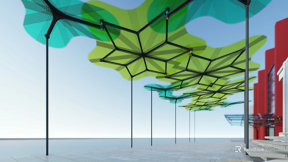 Geometric Hexagonal Grid Pergola With Green Blue Canopy And Black Support Columns Under Blue Sky 3d model 