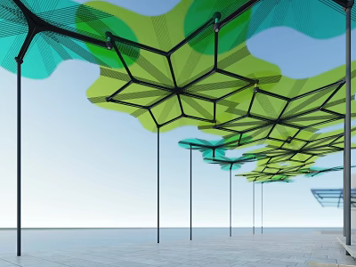 Geometric Hexagonal Grid Pergola With Green Blue Canopy And Black Support Columns Under Blue Sky 3d model