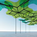 Geometric Hexagonal Grid Pergola With Green Blue Canopy And Black Support Columns Under Blue Sky