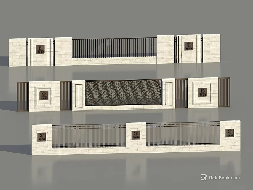 Modern Stone Landscape Wall Design With Rectangular Panels And Perforated Grilles 3d model