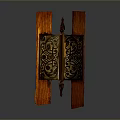 Decorative Wall Hanging With Red Wooden Planks And Intricate Metal Patterns