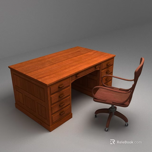 Wooden Writing Desk With Drawers And Swivel Office Chair For Home Office 3d model 
