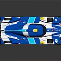 Blue and White Race Car with Yellow Accents Number 169 Streamlined Design and Reflection