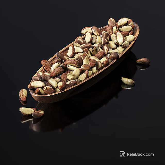 Roasted Brazil Nuts in Wooden Bowl on Black Background with Reflections 3d model 