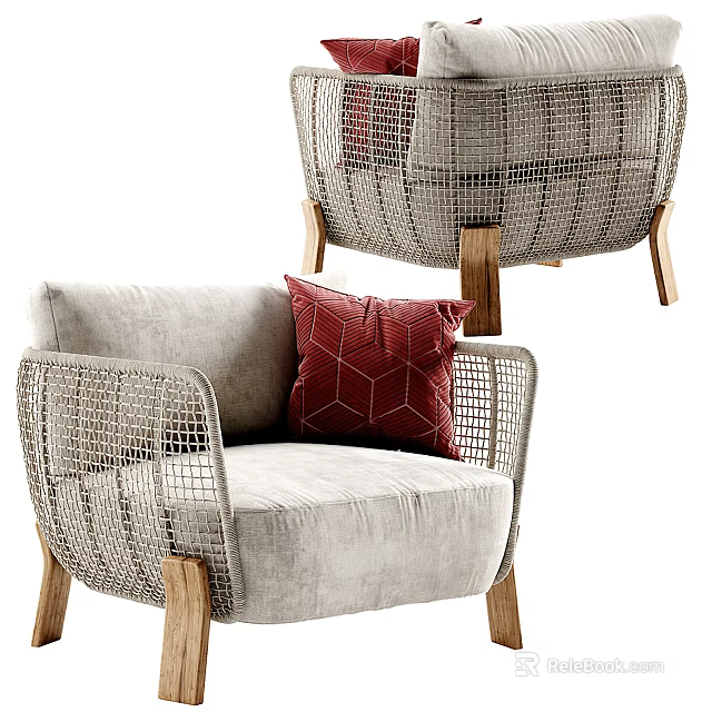 Single Sofa With Woven Armrests Beige Cushion And Red Geometric Pillow Wooden Legs 3d model 
