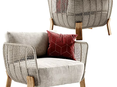 Single Sofa With Woven Armrests Beige Cushion And Red Geometric Pillow Wooden Legs 3d model