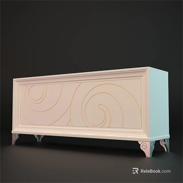 Elegant White TV Stand With Orange Spiral Patterns And Silver Decorative Legs 3d model 