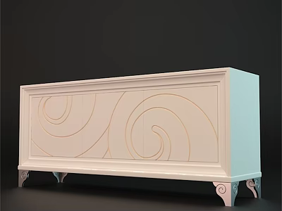Elegant White TV Stand With Orange Spiral Patterns And Silver Decorative Legs 3d model