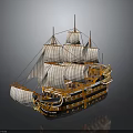 Classic Sailing Ship Model with Multiple White Sails Wooden Hull Design and Ornate Decorative Details