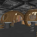 Rustic Modern Hotpot Restaurant Interior With Bamboo Arches And Round Tables