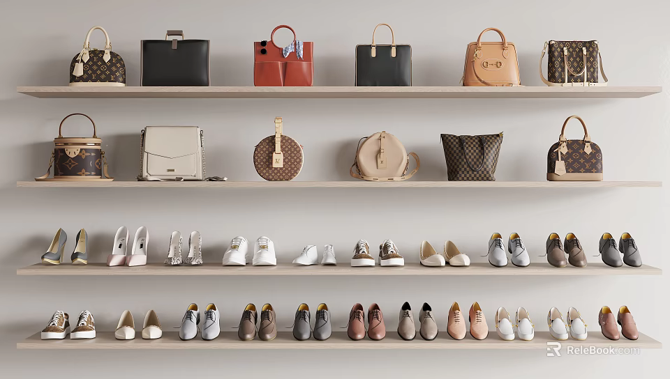 A Variety Of Stylish Shoes Arranged On Shelves With Bags 3d model 