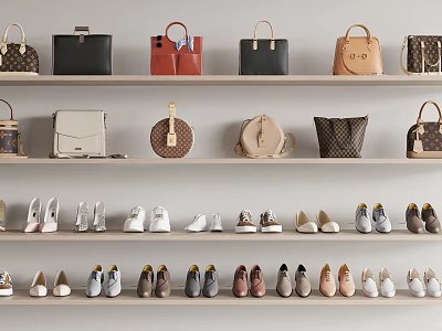 A Variety Of Stylish Shoes Arranged On Shelves With Bags 3d model