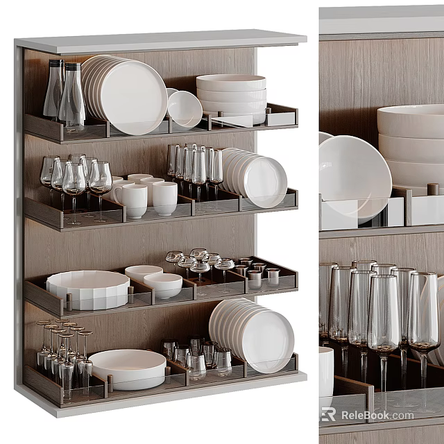 Elegant Dinnerware Set With Stacked Plates Cups Glasses And Bowls On Display Shelves 3d model 
