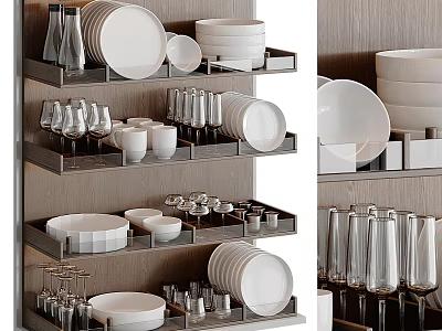 Elegant Dinnerware Set With Stacked Plates Cups Glasses And Bowls On Display Shelves 3d model