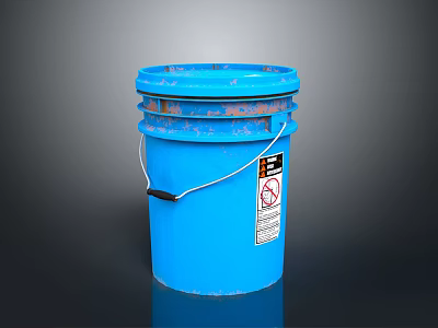 Durable Blue Industrial Bucket With Metal Handle And Warning Label 3d model