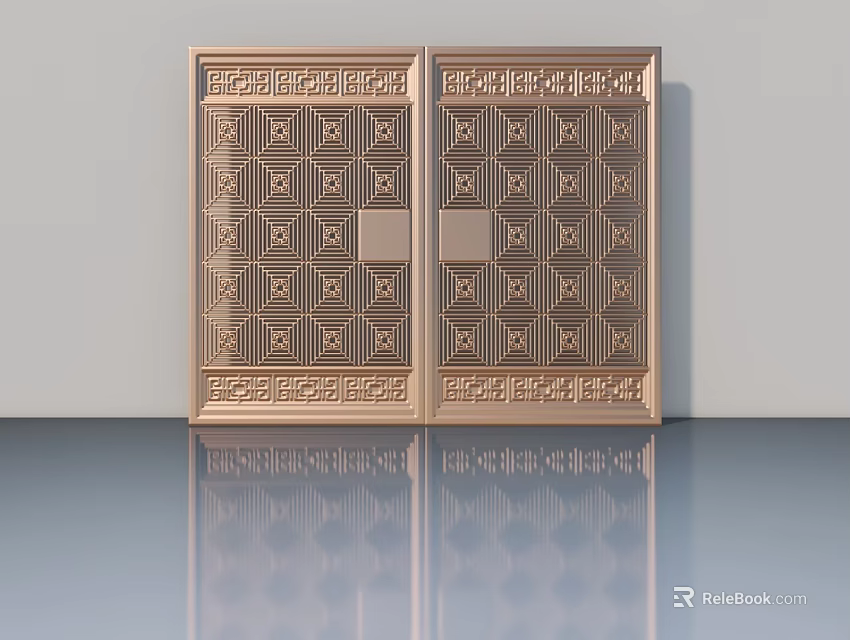 Golden Decorative Swing Doors Featuring Intricate Geometric Patterns And Ornate Details 3d model 