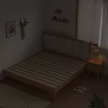 Cozy Wooden Double Bed with Scalloped Headboard Orange Blanket Pillows Nightstand Lamp Wall Art Floating Shelves