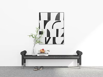 Stylish Indoor Corner With Black White Abstract Painting Black Bench Vase Books Fruit And Sandals 3d model