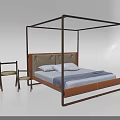 Double Bed with Four Poster Wooden Frame Upholstered Headboard and Wooden Chairs