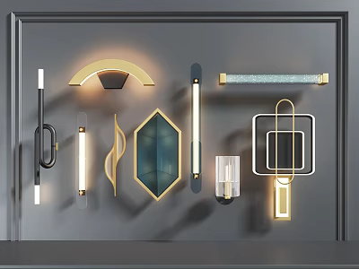 Various Stylish Wall Lamps with Different Modern Designs Display on Grey Wall 3d model