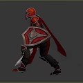 Man wearing red armor holding sword and shield in battle stance with dynamic pose
