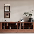 Modern Walnut Wood Decorative Cabinet with Open Compartments Books Vase and Wall Art