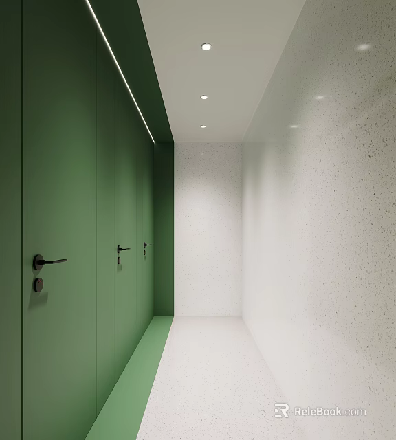 Modern Public Restroom Interior Design With Green Partition Doors White Walls And Clean White Floor 3d model 