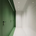 Modern Public Restroom Interior Design With Green Partition Doors White Walls And Clean White Floor