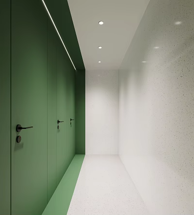 Modern Public Restroom Interior Design With Green Partition Doors White Walls And Clean White Floor 3d model