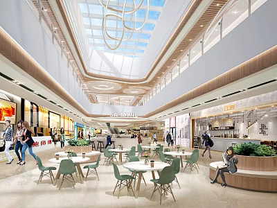 Modern Shopping Mall Lobby With Skylight Green Chairs Round Tables And Decorative Plants 3d model