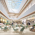 Modern Shopping Mall Lobby With Skylight Green Chairs Round Tables And Decorative Plants