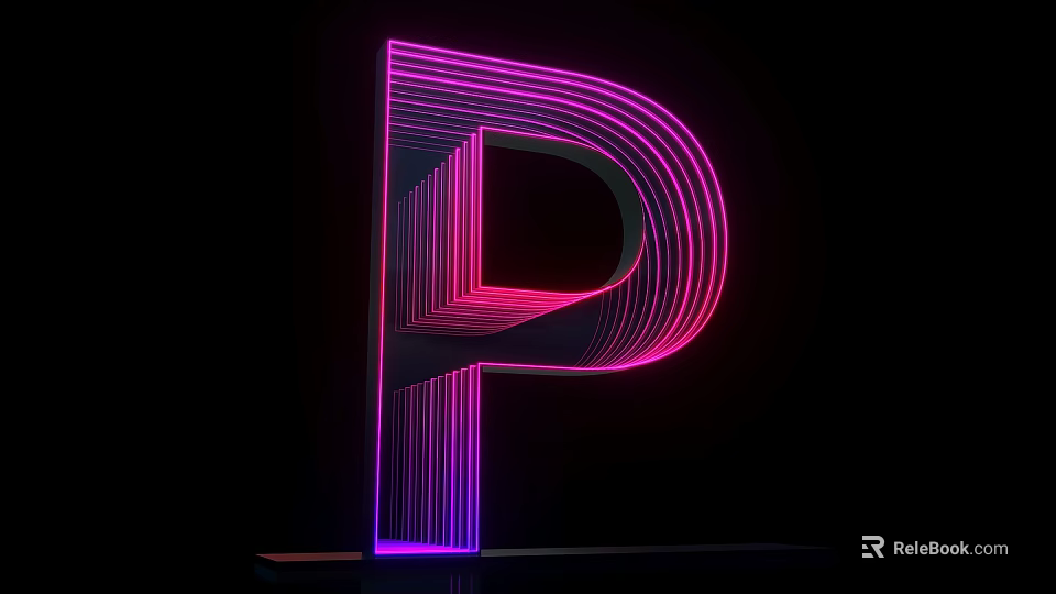 3D Letter P Design With Neon Pink Purple Illuminated Lights On Black Background 3d model 