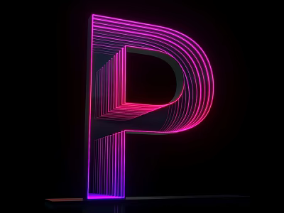 3D Letter P Design With Neon Pink Purple Illuminated Lights On Black Background 3d model