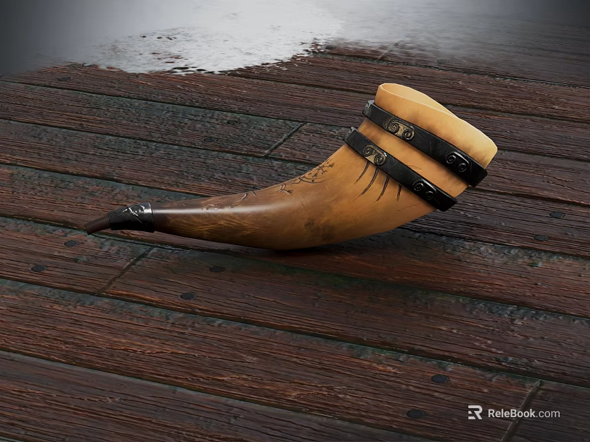 Natural Ox Horn Drinking Cup With Black Leather Straps On Wooden Floor 3d model 