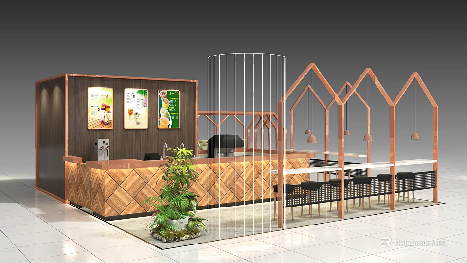 Fresh Fruit Store Interior With Wooden Counter Menu Boards Green Plants And Tables 3d model 