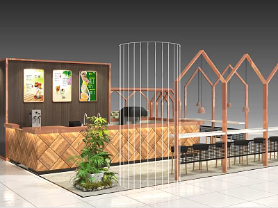 Fresh Fruit Store Interior With Wooden Counter Menu Boards Green Plants And Tables 3d model