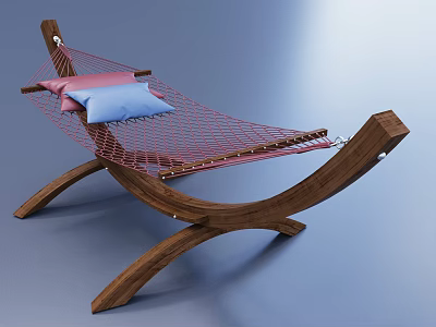 Hammock with Wooden Curved Frame Red Netting and Pink Blue Pillows 3d model