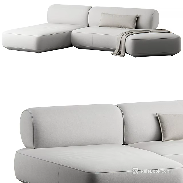 Light Gray Modern Sectional Sofa With Comfortable Cushions And Throw Blanket 3d model