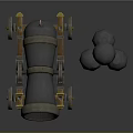 Vintage Old Style Cannon With Wooden Wheels And Three Cannonballs