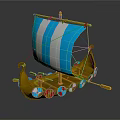 Sailing Boat Model With Blue And White Striped Sail Yellow Hull Colorful Ornaments And Oars