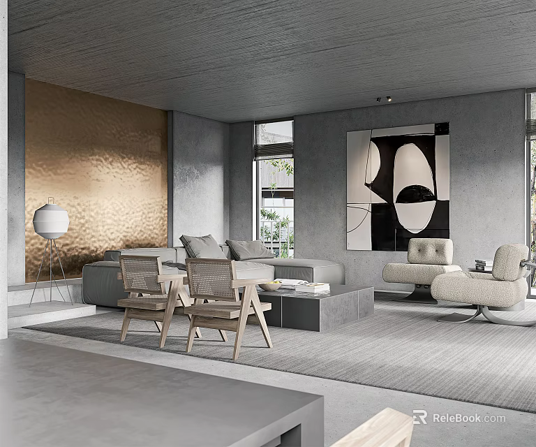 Modern Living And Dining Room Interior With Gray Sofa Dining Table Artwork And Lighting 3d model 