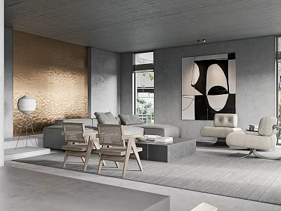Modern Living And Dining Room Interior With Gray Sofa Dining Table Artwork And Lighting 3d model