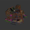 Wooden Cottage Building With Windmill Structure Multiple Windows Dark Roof And Connected Platforms Stairs