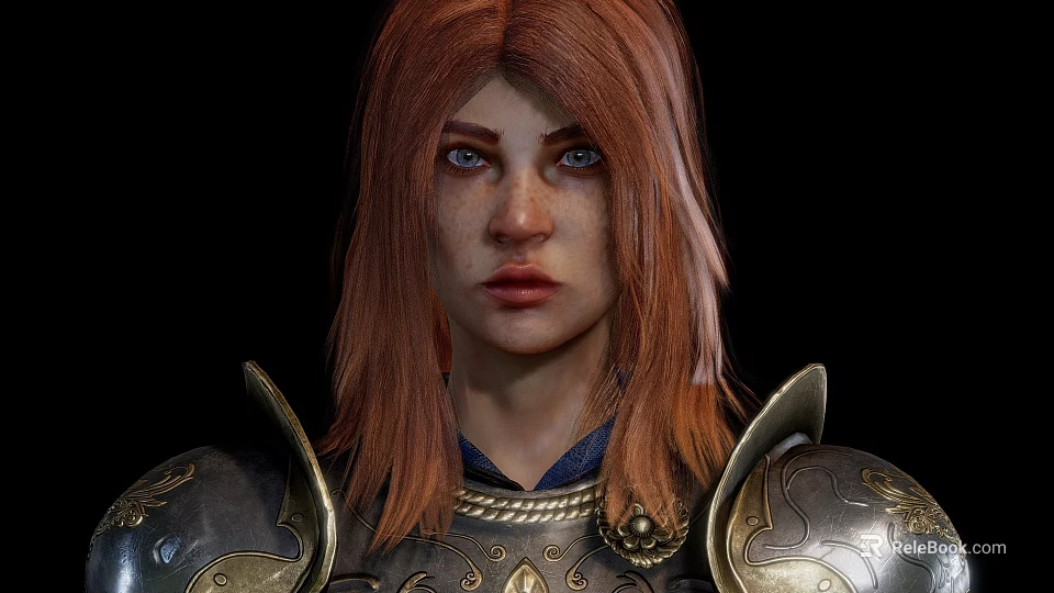 Red Haired Woman in Silver Armor with Golden Decorations on Black Background 3d model 