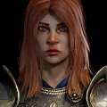 Red Haired Woman in Silver Armor with Golden Decorations on Black Background
